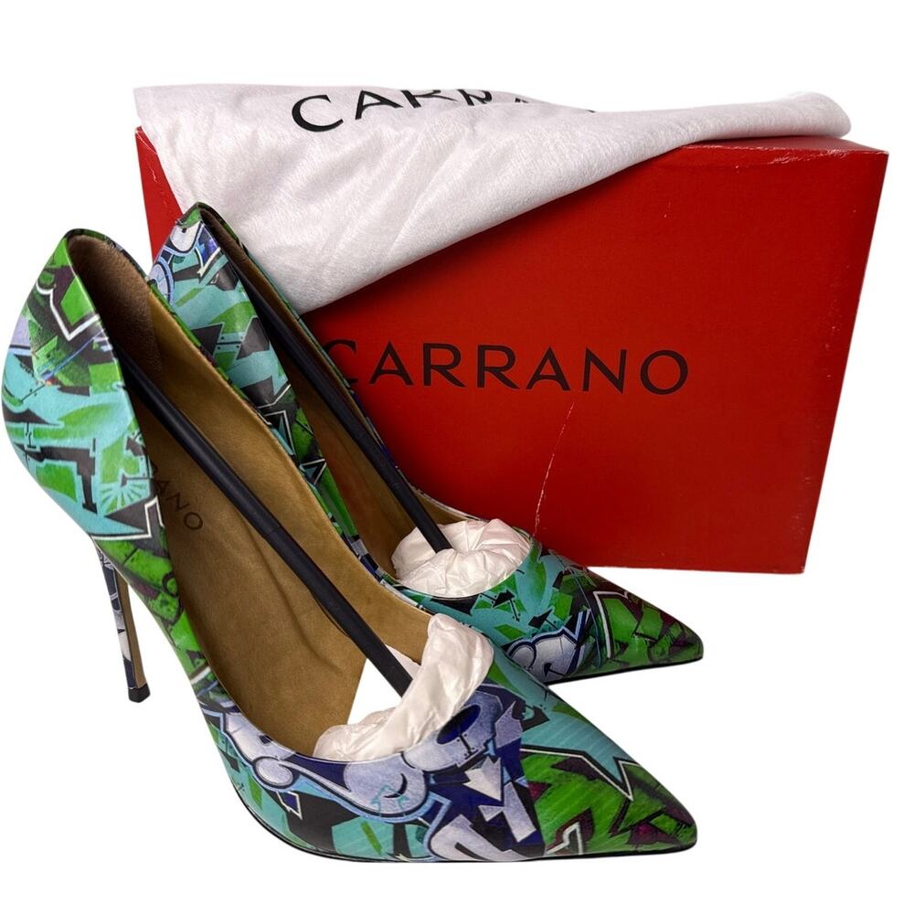 CARRANO Loretta Pumps Stiletto Heel Womens 8M Leather Graffiti Green Pointed Toe